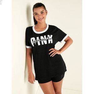PINK Victoria's Secret Black Ringer Tee White Graphic, Short Sleeve New With Tag